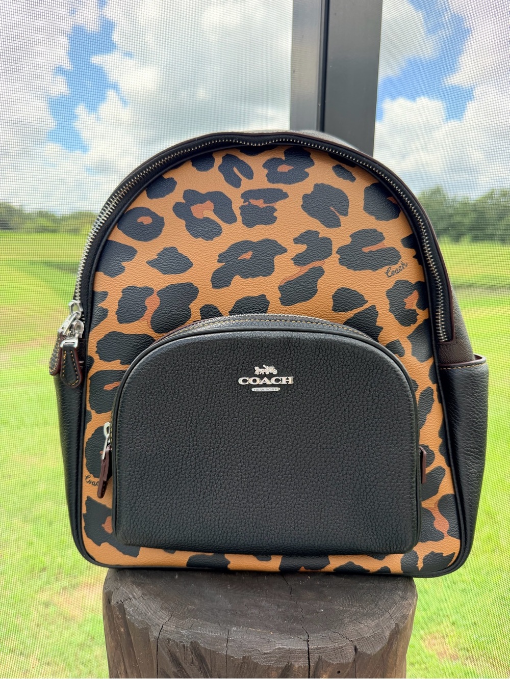 Coach Leopard Print Backpack Black Pebbled Leather Animal Print Rare
